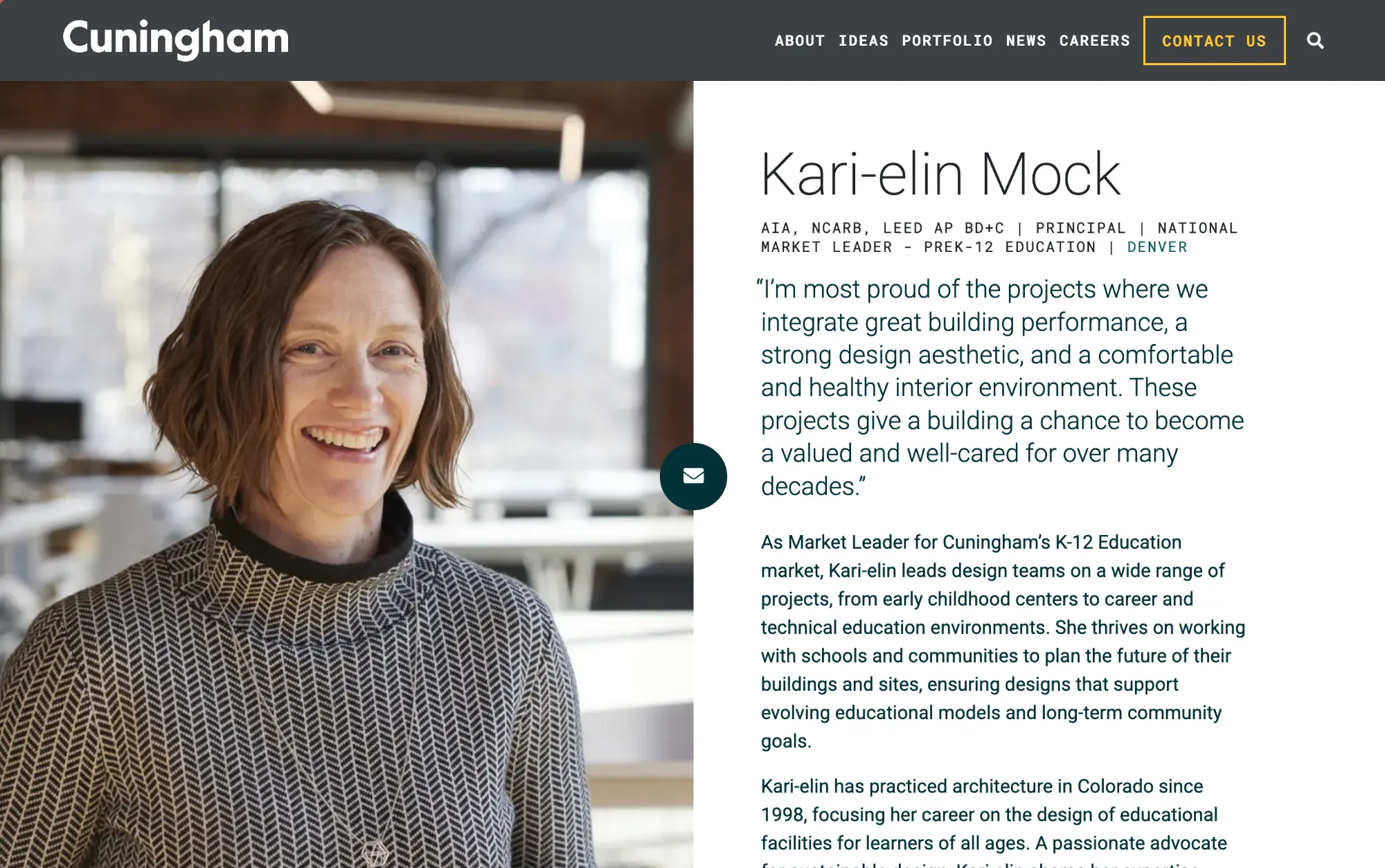 Screenshot of Cuningham's redesigned leadership page, featuring a profile image, biography of a firm leader, accreditations, and related works/articles.