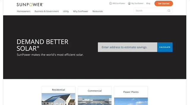 Screen capture of SunPower.com's header lead generation webform
