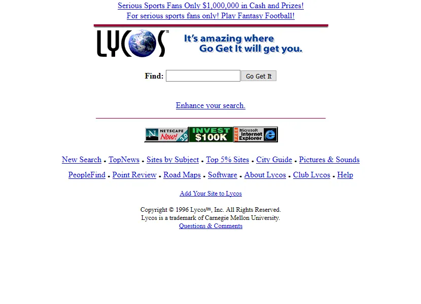 Screenshot of Lycos homepage