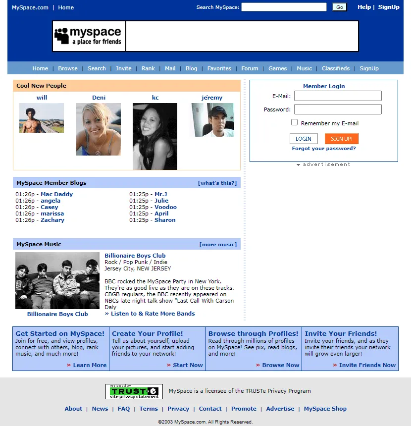 Screenshot of basic MySpace profile